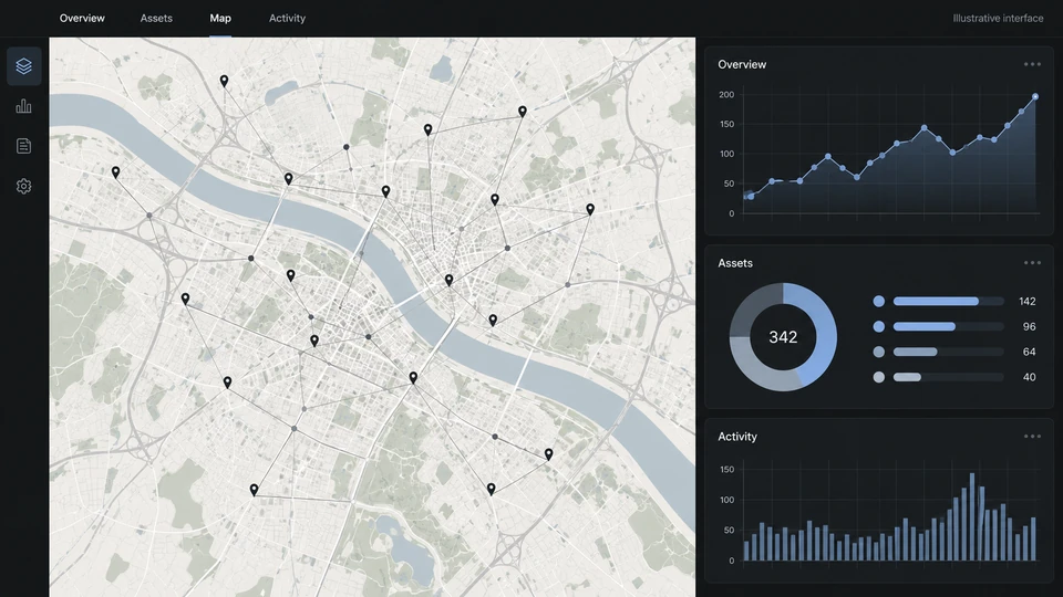 Illustrative dashboard concept: a city map with asset markers and charts.