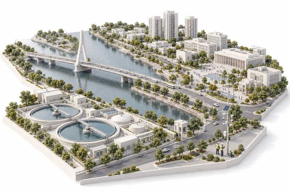 Architectural city model with a cable-stayed bridge over a river, a water-treatment plant, civic buildings and an inspection crew.