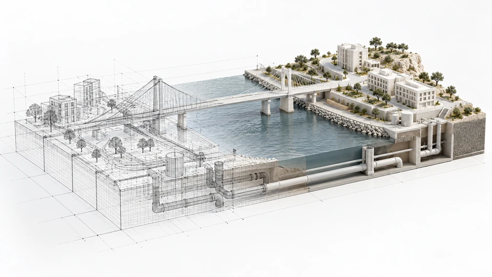 Wireframe-to-built architectural view of a city block with a river and bridge.