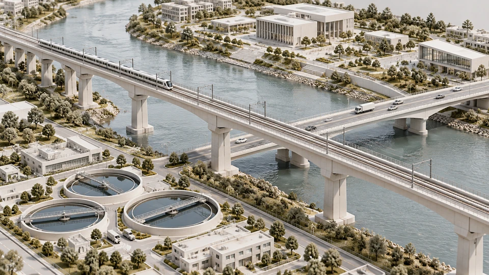 Architectural detail of transport bridges, riverfront buildings and water infrastructure.